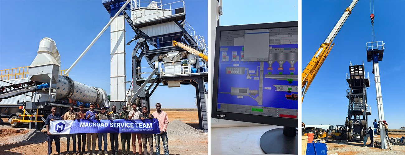 MACROAD ALYQ90 mobile asphalt plant being commissioned by expert engineers on a Sudanese road construction site.