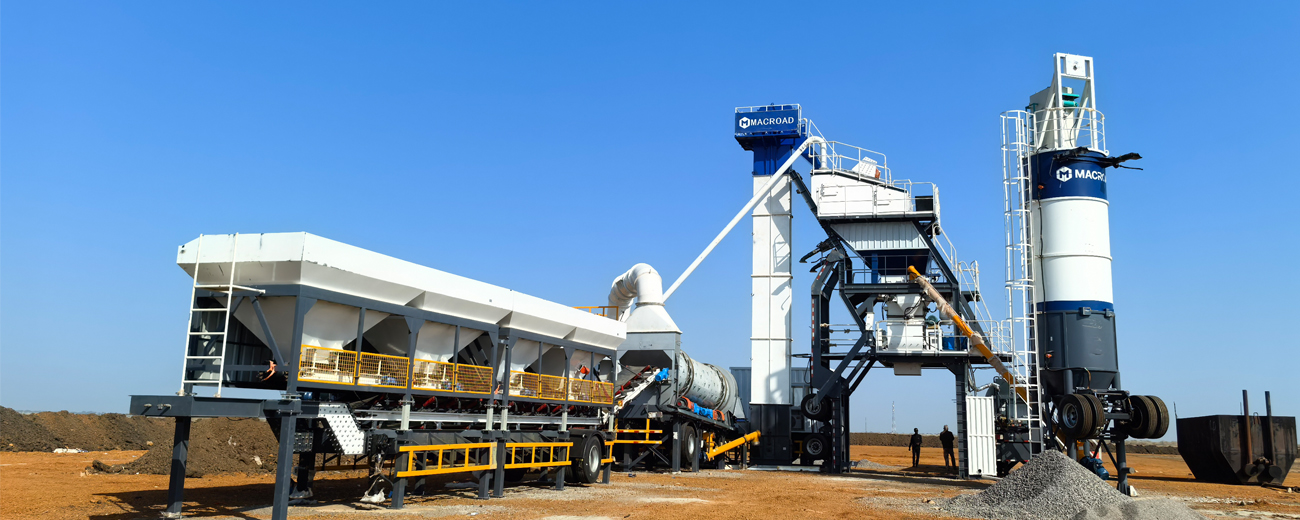 MACROAD ALYQ90 mobile asphalt mixing plant being installed on-site for a strategic road project in Sudan, Africa